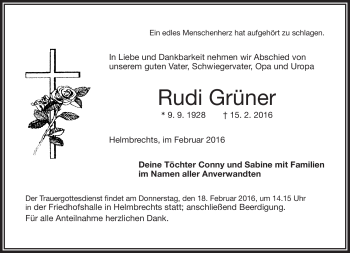 Traueranzeige von Rudi Grüner von Frankenpost