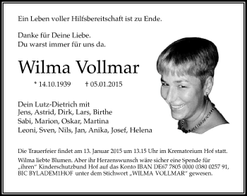 Traueranzeige von Wilma Vollmar von Frankenpost