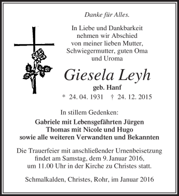 Traueranzeige von Giesela Leyh von Südthüringer Presse