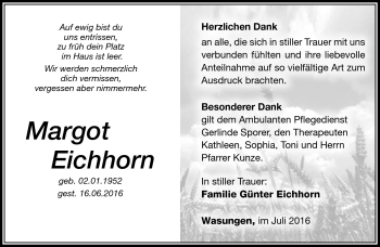 Traueranzeige von Margot Eichhorn von Südthüringer Presse