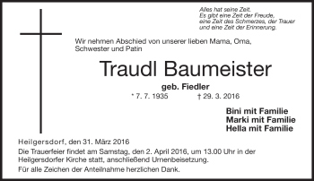 Traueranzeige von Traudl Baumeister von Neue Presse Coburg