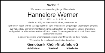 Traueranzeige von Hannelore Werner von Südthüringer Presse