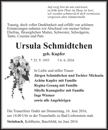 Traueranzeige von Ursula Schmidtchen von Südthüringer Presse