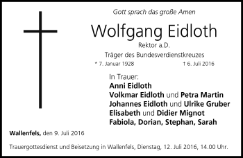 Traueranzeige von Wolfgang Eidloth von Neue Presse Coburg