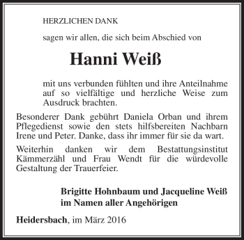 Traueranzeige von Hanni Weiß von Südthüringer Presse