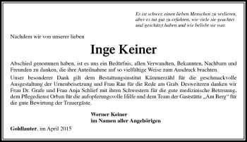 Traueranzeige von Inge Keiner von Südthüringer Presse