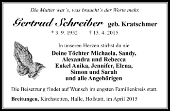 Traueranzeige von Gertrud Schreiber von Südthüringer Presse