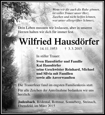 Traueranzeige von Wilfried Hausdörfer von Südthüringer Presse