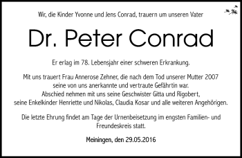 Traueranzeige von Dr. Peter Conrad von Südthüringer Presse