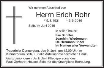 Traueranzeige von Erich Rohr von Frankenpost