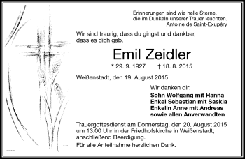Traueranzeige von Emil Zeidler von Frankenpost