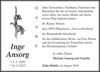Traueranzeige von Inge Ansorg von Südthüringer Presse