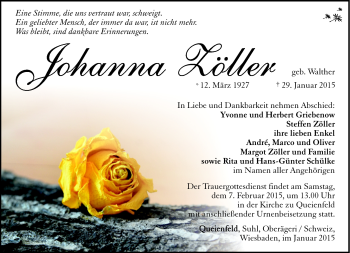 Traueranzeige von Johanna Zöller von Südthüringer Presse
