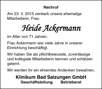 Traueranzeige von Heide Ackermann von Südthüringer Presse