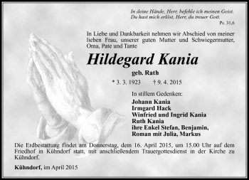 Traueranzeige von Hildegard Kania von Südthüringer Presse