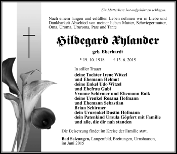 Traueranzeige von Hildegard Xylander von Südthüringer Presse