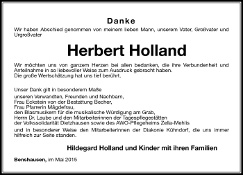 Traueranzeige von Herbert Holland von Südthüringer Presse