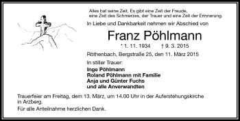Traueranzeige von Franz Pöhlmann von Frankenpost