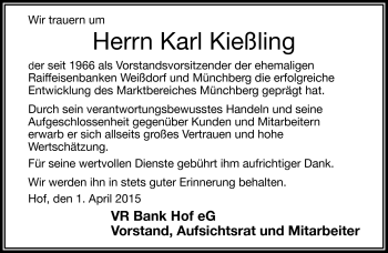 Traueranzeige von Karl Kießling von Frankenpost