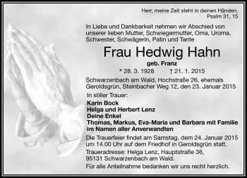 Traueranzeige von Hedwig Hahn von Frankenpost