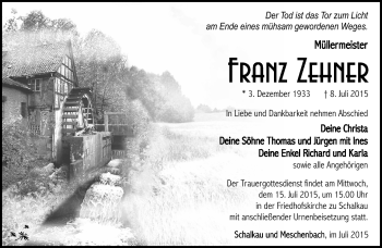 Traueranzeige von Franz Zehner von Südthüringer Presse