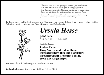 Traueranzeige von Ursula Hesse von Südthüringer Presse
