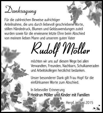Traueranzeige von Rudolf Möller von Südthüringer Presse