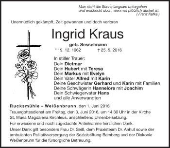 Traueranzeige von Ingrid Kraus von Neue Presse Coburg