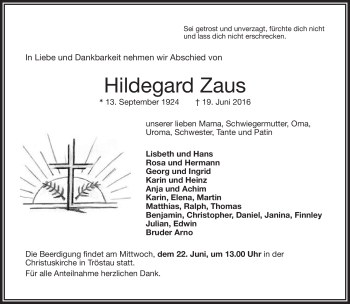 Traueranzeige von Zaus Hildegard von Frankenpost