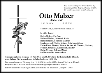 Traueranzeige von Otto Malzer von Frankenpost