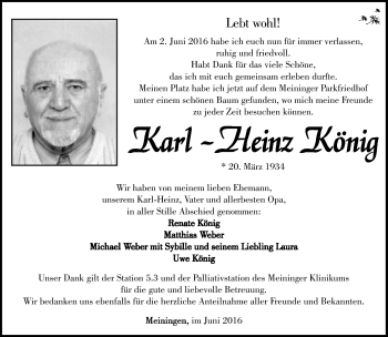 Traueranzeige von Karl-Heinz König von Südthüringer Presse