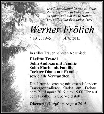 Traueranzeige von Werner Frölich von Südthüringer Presse