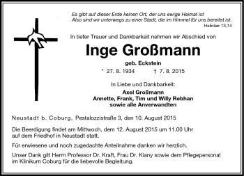 Traueranzeige von Inge Großmann von Neue Presse Coburg