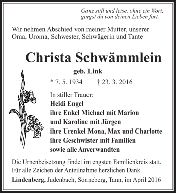 Traueranzeige von Christa Schwämmlein von Südthüringer Presse