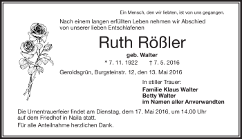 Traueranzeige von Ruth Rößler von Frankenpost