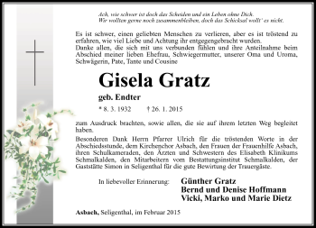 Traueranzeige von Gisela Gratz von Südthüringer Presse