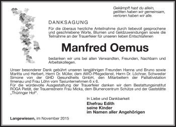 Traueranzeige von Manfred Oemus von Südthüringer Presse