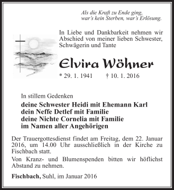 Traueranzeige von Elvira Wöhner von Südthüringer Presse