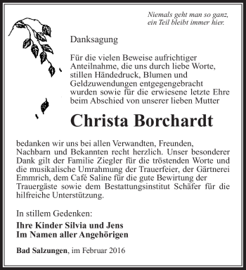 Traueranzeige von Christa Borchardt von Südthüringer Presse