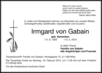 Traueranzeige von Irmgard von Gabain von Neue Presse Coburg