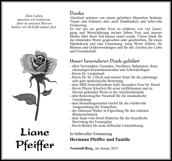Traueranzeige von Liane Pfeiffer von Südthüringer Presse