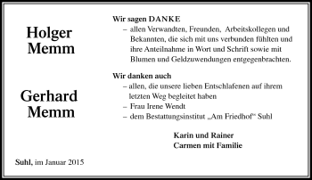 Traueranzeige von Holger und Gerhard Memm von Südthüringer Presse