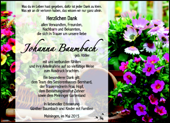 Traueranzeige von Johanna Baumbach von Südthüringer Presse