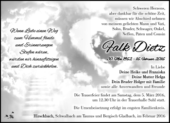 Traueranzeige von Falk Dietz von Südthüringer Presse