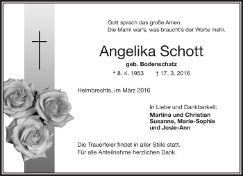 Traueranzeige von Angelika Schott von Frankenpost