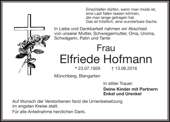 Traueranzeige von Elfriede Hofmann von Frankenpost