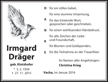 Traueranzeige von Imrgard Dräger von Südthüringer Presse