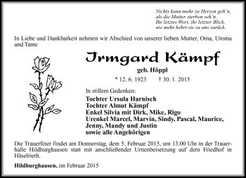 Traueranzeige von Irmgard Kämpf von Südthüringer Presse