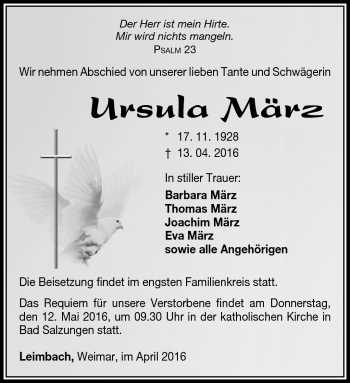 Traueranzeige von Ursula März von Südthüringer Presse