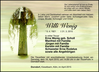 Traueranzeige von Willi Wenig von Südthüringer Presse